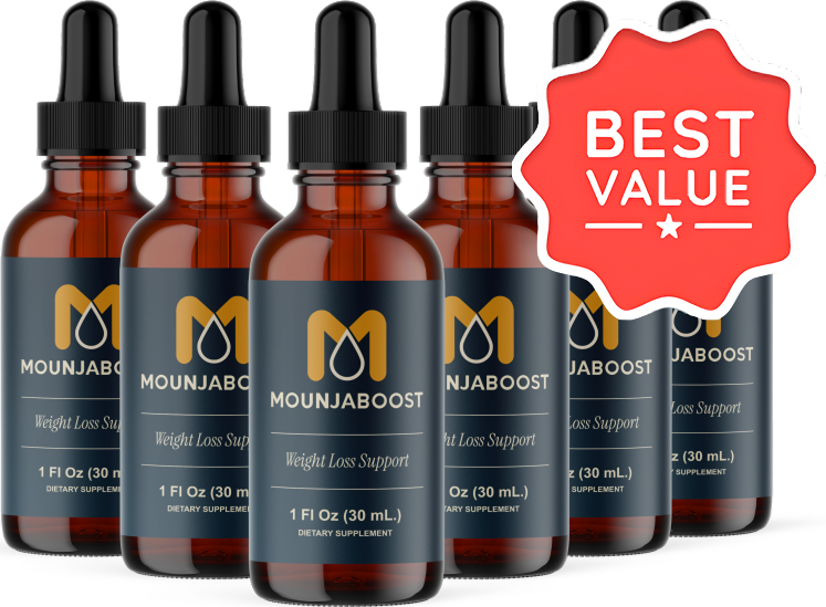 MounjaBoost Weight Loss Support liquid supplement bottles with "Best Value" badge showing six-bottle bundle pack