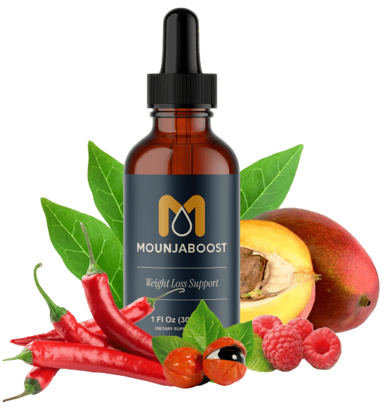 MounjaBoost weight loss support liquid formula with red chili peppers, raspberries, and mango ingredients